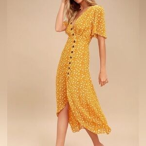 Lulu’s After-Bloom Delight Golden Yellow Floral Print Midi Dress size XS